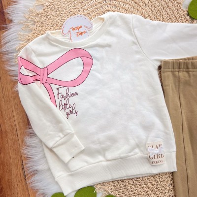 Conj. Casaco de Moletom Fashion Little Girls e Calça Legging - Off White e Caramelo